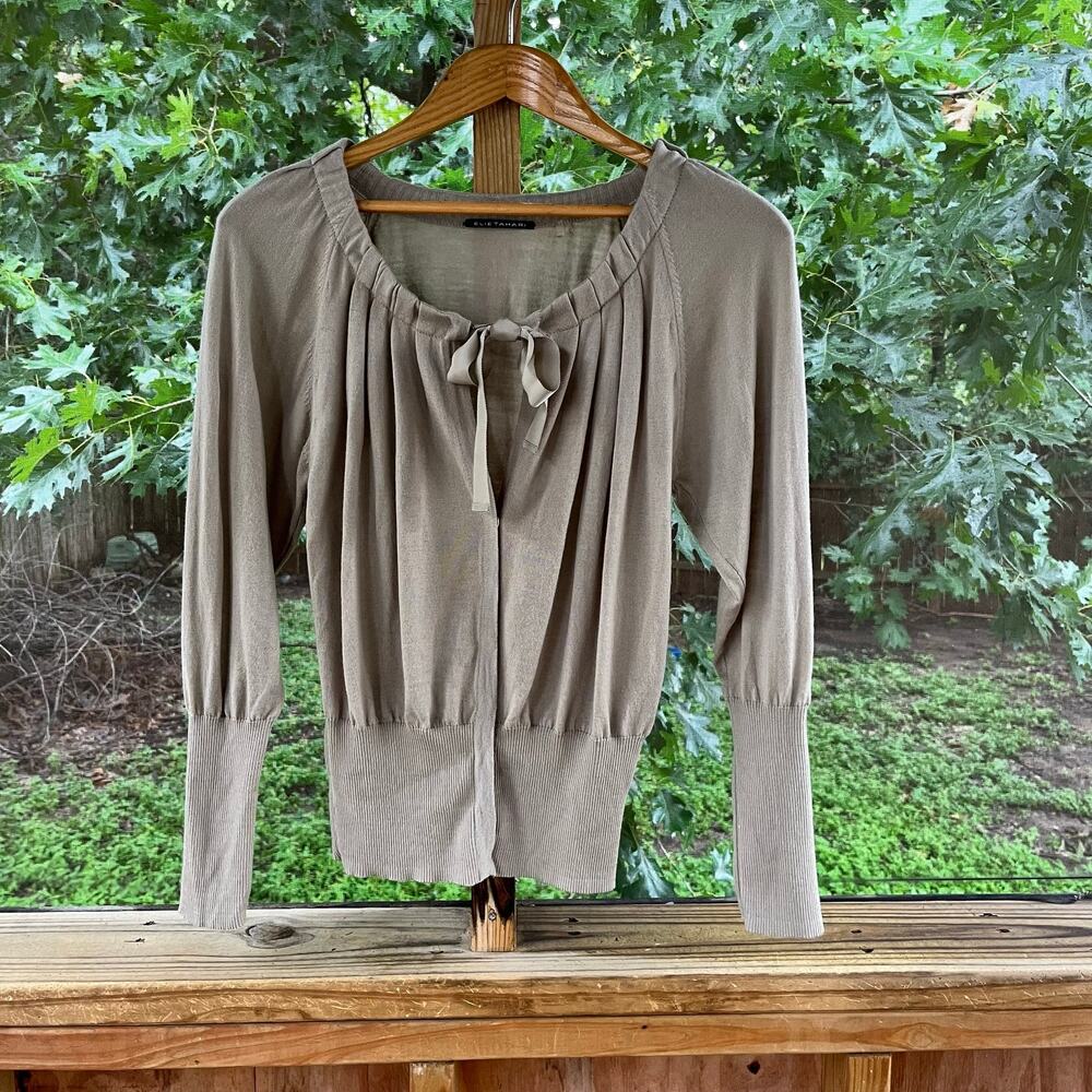 Elie Tahari Women's Pleated Taupe 100% Merino Wool Sweater Size M